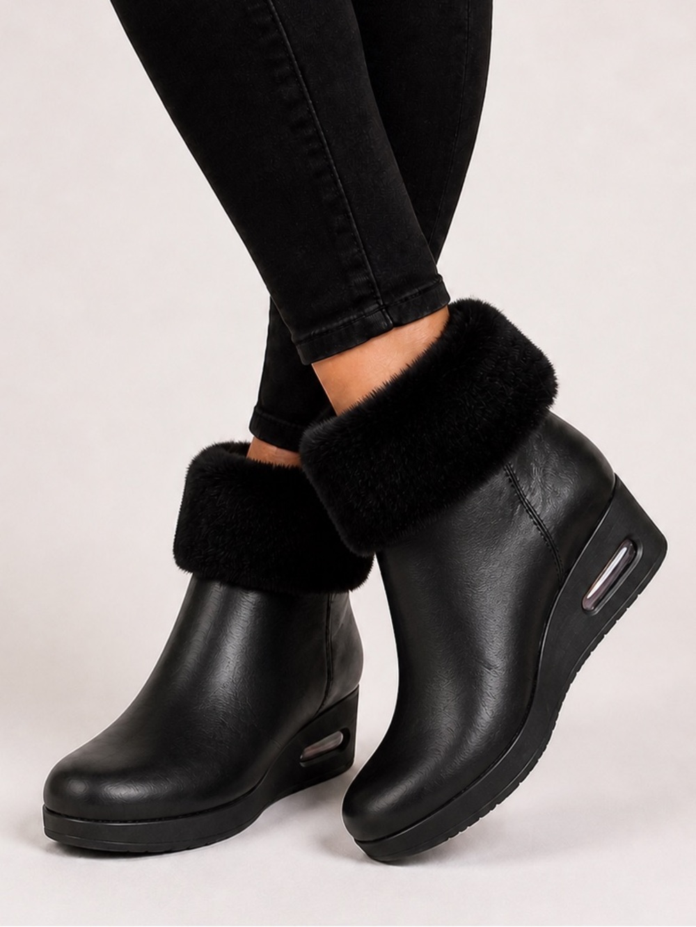 DKNY Black Faux-Fur Cuff Wedge Ankle Boots size 7.5